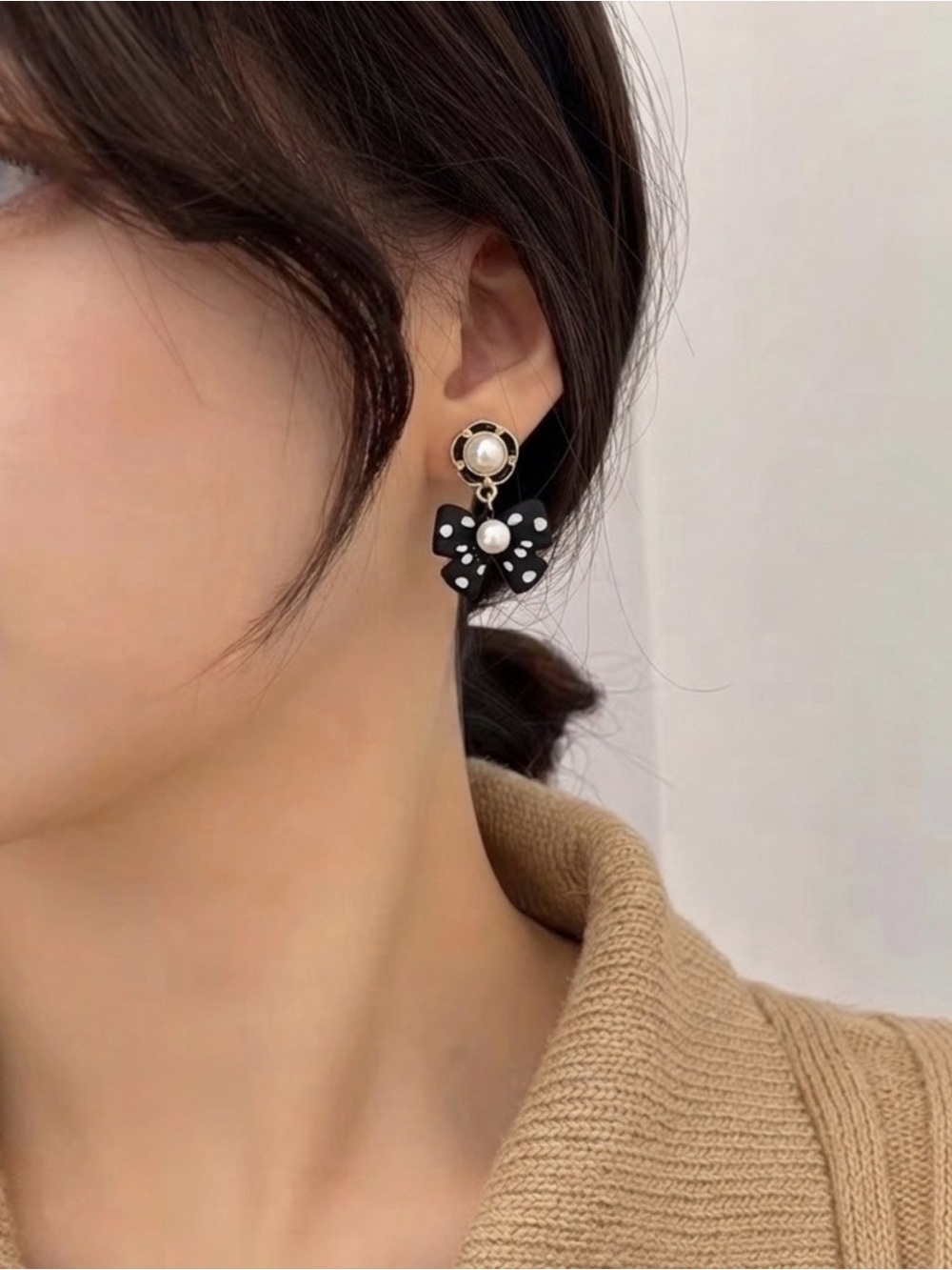 Black White Polka Dot Bow Drop Earrings with Pearl Detail - Picture 5 of 5